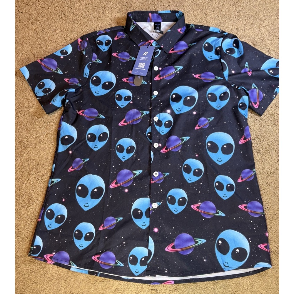 NEW Romwe Alien Button Down Shirt Men's Medium Outer Space Lightweight Aliens